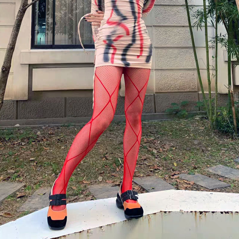 红色丝袜大网格性感渔网袜大码镂空菱形格连裤袜女lolita暗黑潮酷