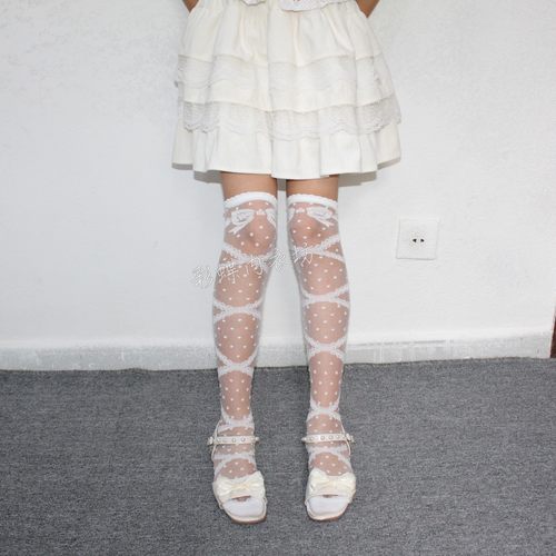 交叉中筒袜子少女可爱蝴蝶结捆绑丝袜夏季水晶长筒袜lolita小腿袜