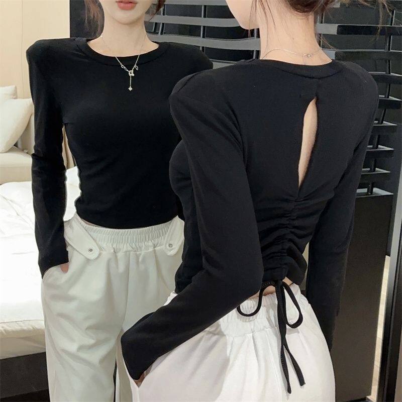 设计感小众紧身辣妹露背抽绳上衣女早秋别致独特短款长袖t恤女