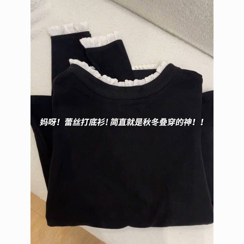 韩系ins黑色蕾丝花边长袖t恤女