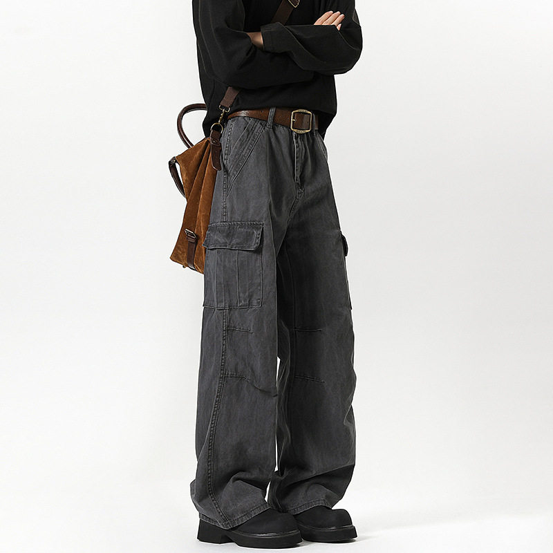 水洗灰色直筒工装牛仔裤男春季美式复古做旧阔腿伞兵裤宽松休闲裤