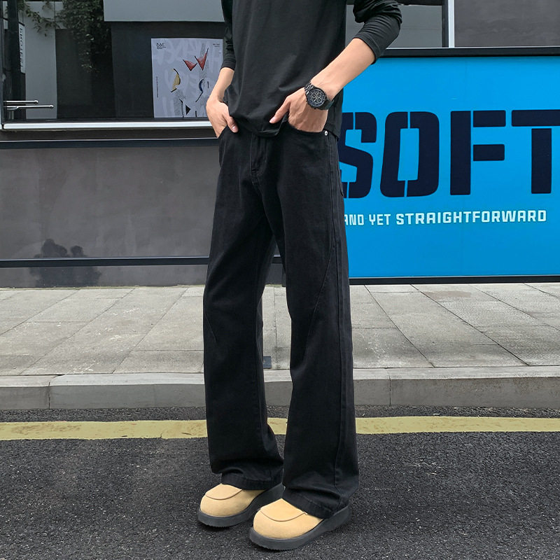 黑色弯刀牛仔裤男款显腿长美式高街vibe裤子修身直筒窄版微喇叭裤