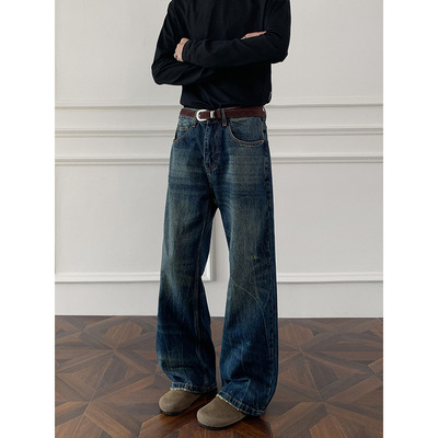 复古蓝闪电纹男微喇直筒牛仔裤