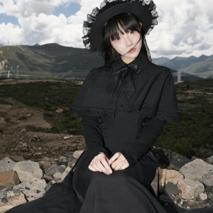 斗篷复古秋冬气质收腰蕾丝连衣长裙 原创设计法式 muggle studio