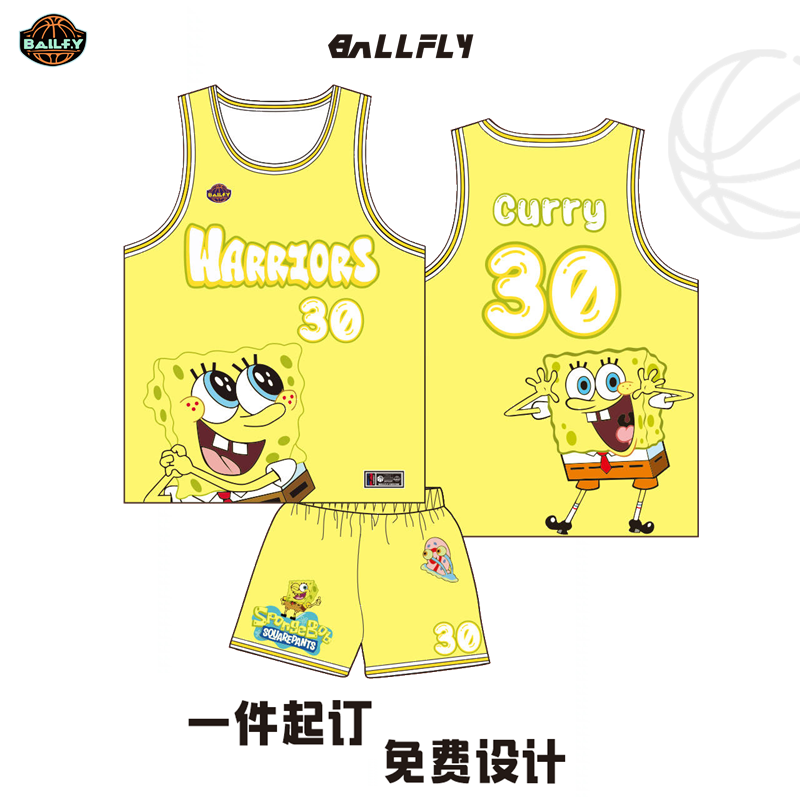 BALLFLY球服定制勇士库里球衣海绵宝宝卡通背心篮球服男套装队服