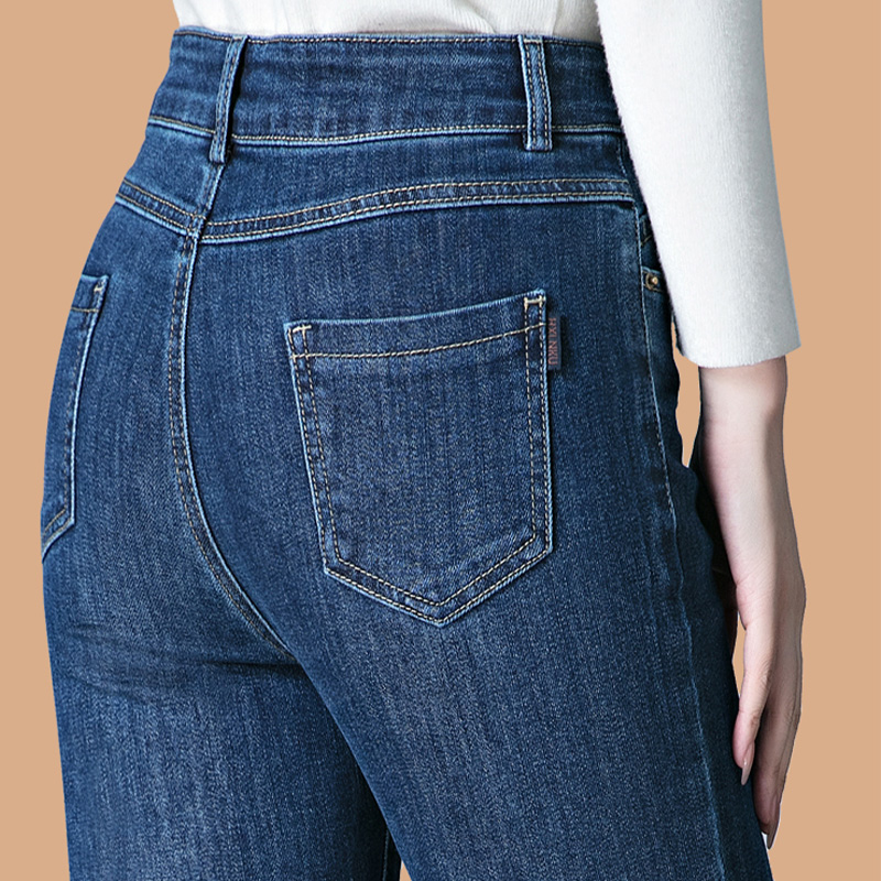 2025秋冬季新款直筒裤女士牛仔裤高腰女裤加绒弹力中老年妈妈裤子