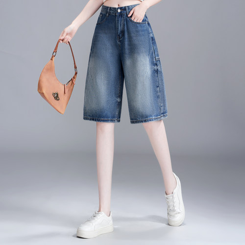 复古阔腿牛仔短裤女夏季大码胖mm宽松显瘦梨型身材五分直筒中裤子