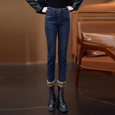 加绒加厚牛仔裤女冬季新款女士高腰大码小脚保暖秋冬打底外穿裤子