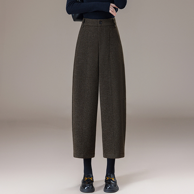 加厚毛呢弯刀裤女秋冬季2025新款窄版直筒宽松小个子九分香蕉裤