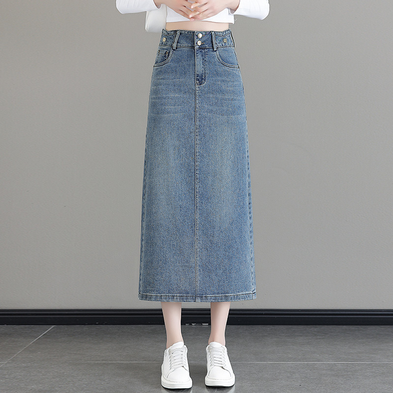 开叉牛仔半身裙女秋季2025新款秋季高腰a字半裙中长款直筒包臀裙