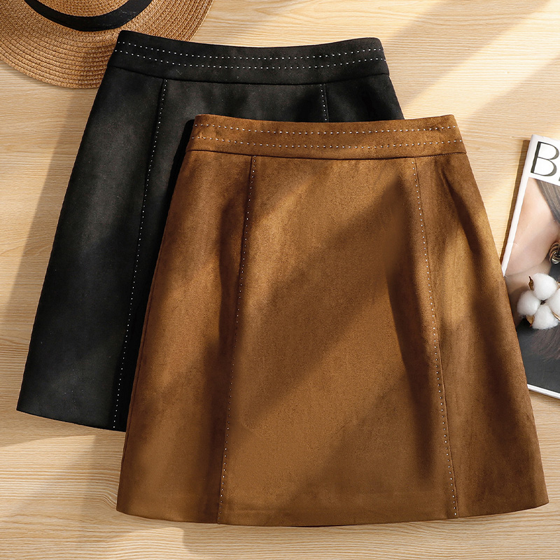 咖色短裙半身裙女秋冬季2025新款巨好看明线麂皮绒直筒A字包臀裙