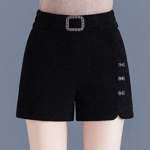 水貂绒短裤女秋冬2025新款高腰宽松显瘦百搭黑色平绒外穿开叉靴裤
