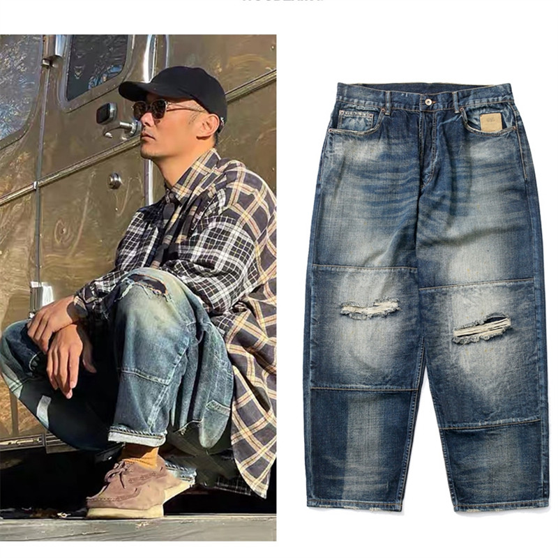 madness日系余文乐同款工装牛仔裤水洗做旧破洞宽松直筒跨牛长裤