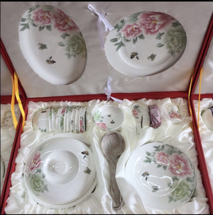 醴陵餐具54头底标中国醴陵DE大地春色红牡丹高温健康陶瓷无铅无毒