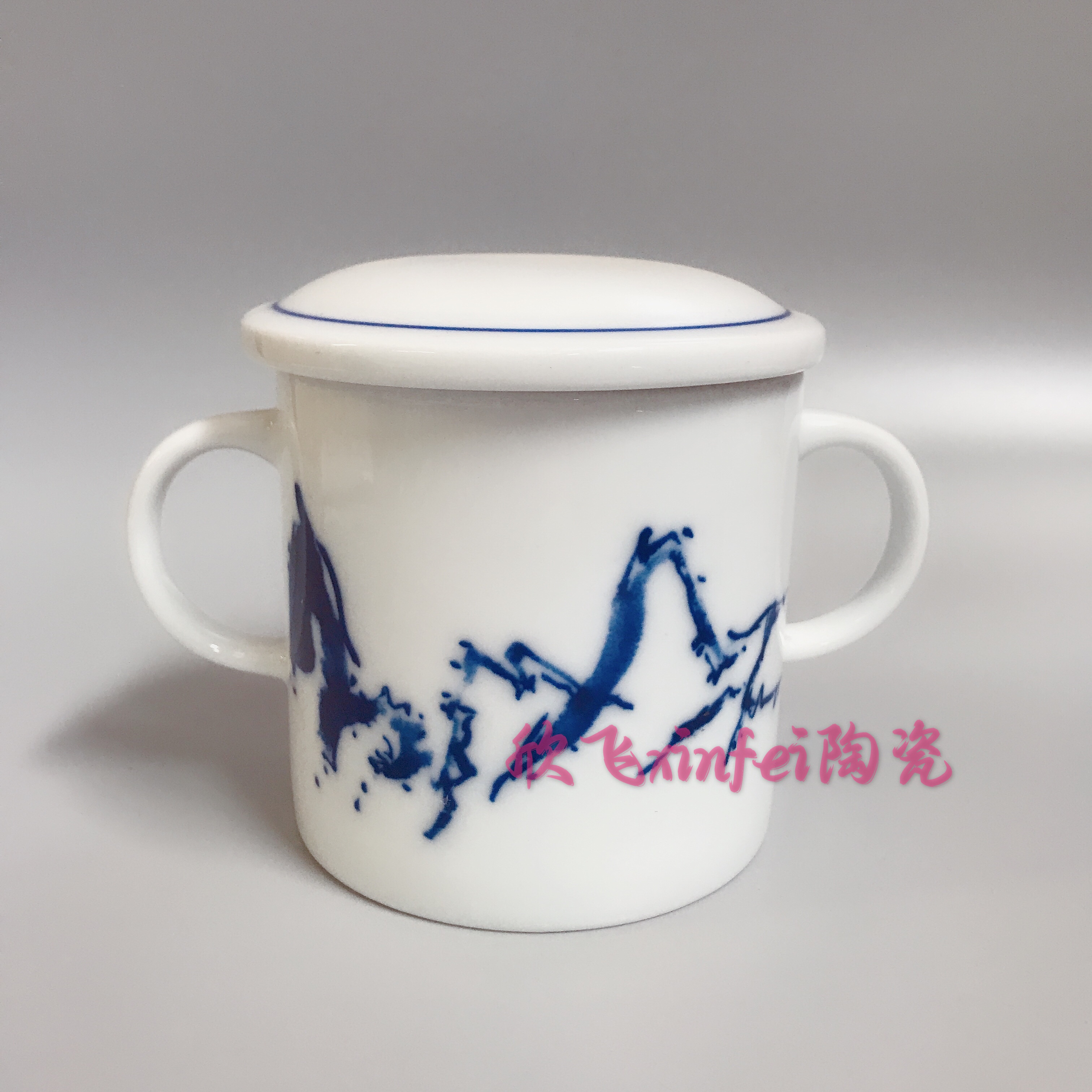 郑宁醴陵红官窑釉下彩郑宁大师手绘双耳带盖DNU直身茶杯