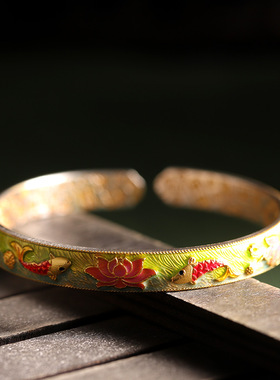 人品银品 新中式足银999.9描金珐琅彩吉言莲花手镯国风开口手环