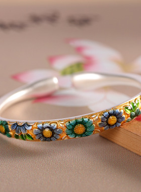 人品银品 足银999.9珐琅彩描金向日葵手镯古法开口时尚国潮手饰