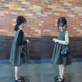 韩国童装 2020秋冬文艺气质女童格子背心裙藏蓝混色毛呢中童连衣裙