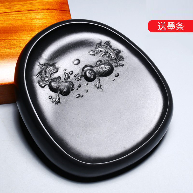 国家非遗 安徽手工金鱼砚台名师老砚天然原石可磨墨条鱼形砚台墨池 