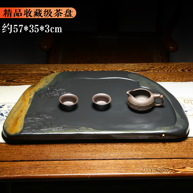 中国歙砚精品收藏级砚台茶盘茶海文房四宝水坑金晕籽料中国风家用茶具功夫茶具平湖泛舟石头茶台胜端砚石茶盘