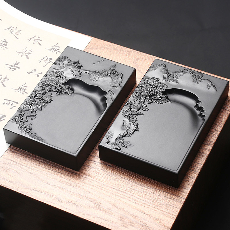 精品歙砚山水砚台 安徽名师设计老坑天然原石砚台 绘画书法专用砚台可磨墨条毛笔墨砚研墨文房四宝礼盒非端砚图片