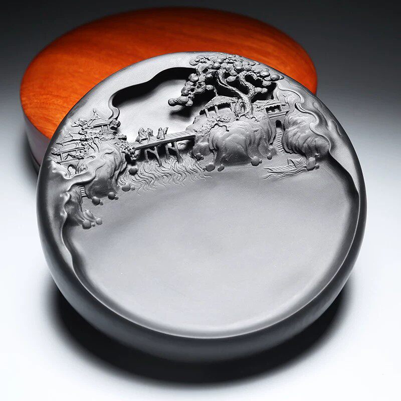 国家非遗安徽砚台【秋山会友】歙砚高档手工雕刻天然黑龙尾原石书法专用国画行书可研磨墨砚台文房四宝端砚