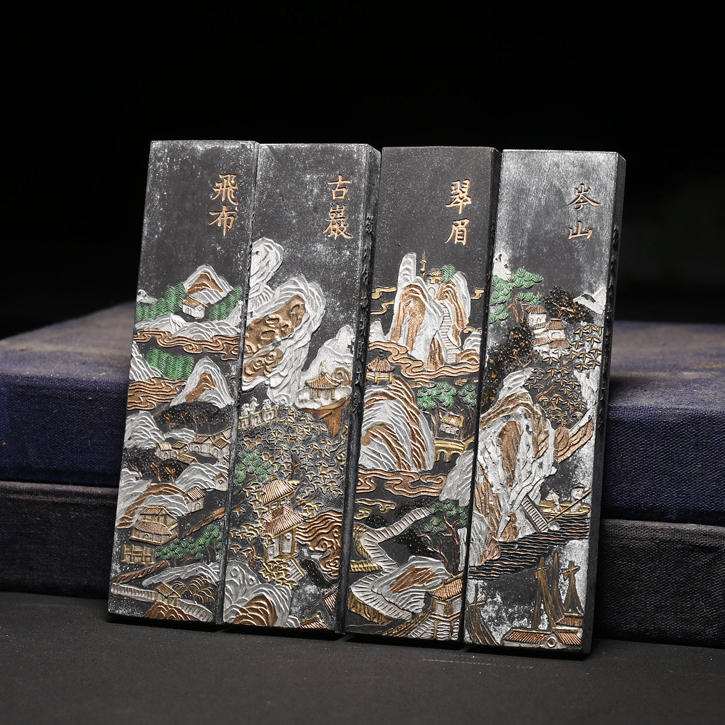 80年代制老墨块《新安四景》清代乾隆年老墨版徽墨收藏老墨锭套装非遗古法徽州胡开文油烟陈墨旧墨条原装盒