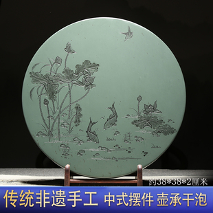 一物一拍 孤品中式 高档非遗手工 安徽名师 家用茶盘文房四宝砚台端砚 摆件天然壶承干泡歙砚茶台 荷塘清趣