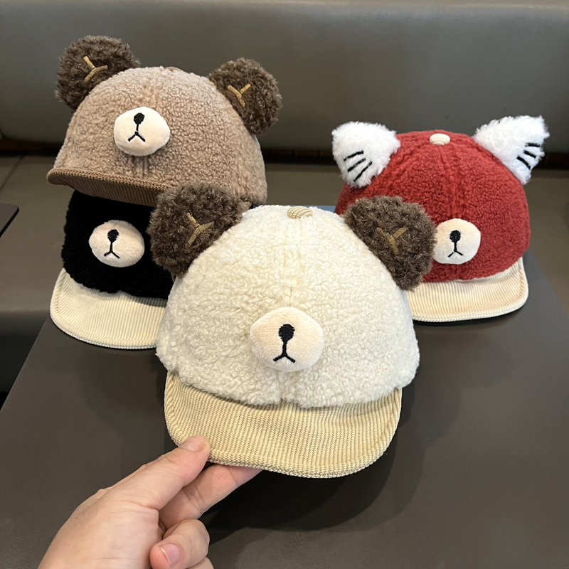 婴儿帽子秋冬保暖防寒毛绒鸭舌帽男女宝宝可爱萌趣小熊休闲棒球帽