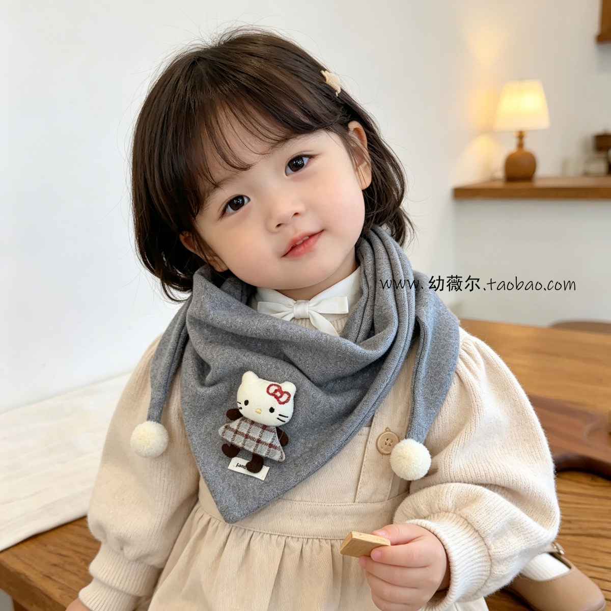 儿童三角围巾立体卡通小猫毛球可爱女童围脖宝宝防风三角巾秋冬潮