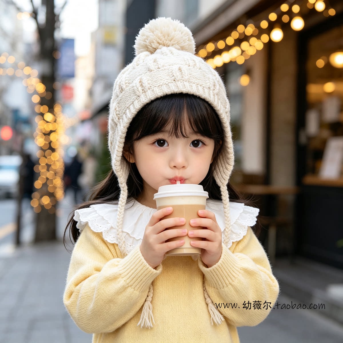 韩版儿童护耳帽可爱毛球针织女冬季保暖防寒系带小孩毛线帽子百搭
