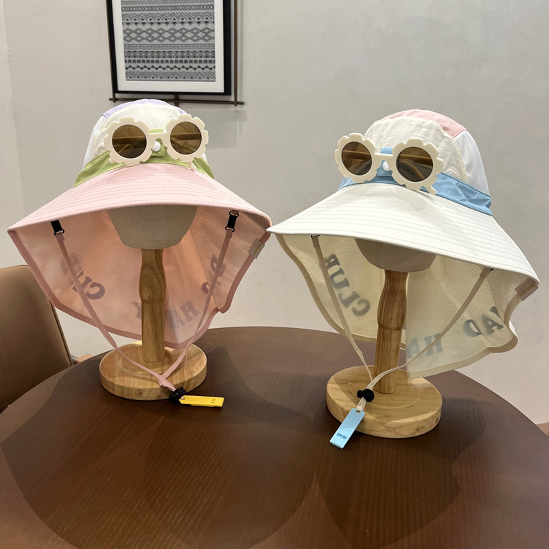 儿童防晒帽夏季薄女孩大檐遮阳帽男童沙滩披肩帽宝宝带墨镜太阳帽