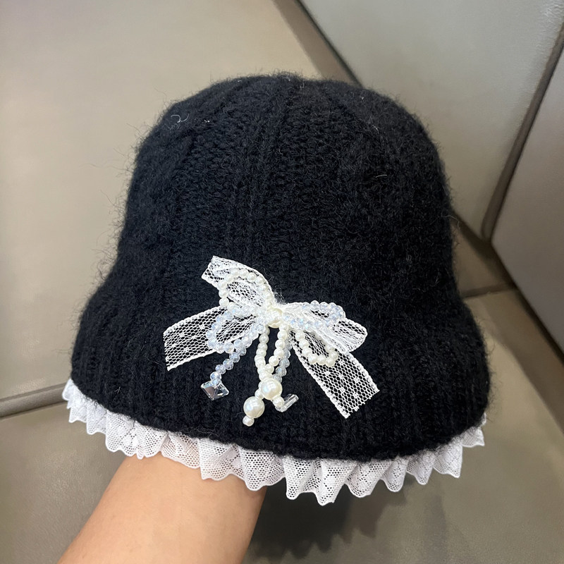 韩系女童珍珠蕾丝蝴蝶结花边针织渔夫帽子女宝宝秋冬季保暖毛线帽