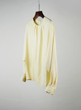 意大利订制Silk桑蚕丝千鸟格提花真丝缎圆领长袖蝙蝠袖一粒扣衬衫