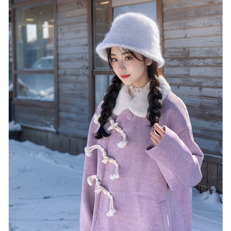 毛毛娃娃领毛呢外套女秋冬季新款紫色甜美牛角扣斜门襟夹棉大衣女
