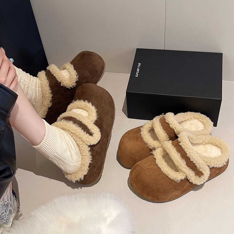厚底加绒魔术贴勃肯鞋包头毛毛