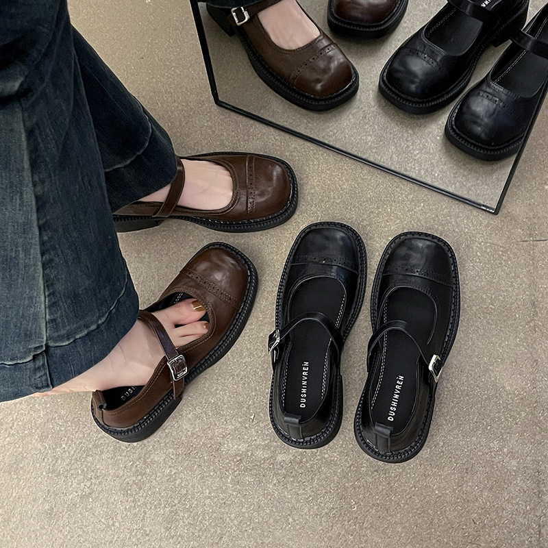 森系复古小方头玛丽珍女鞋