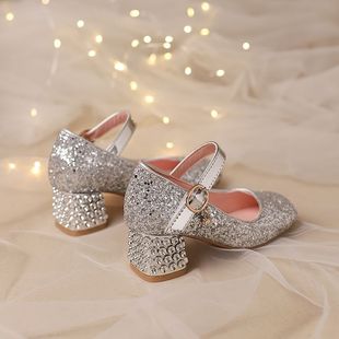 真皮女童舞台表演钢琴演出水晶鞋亮晶晶闪亮高跟鞋子儿童公主单鞋