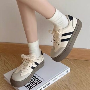 帆布鞋女2026年春季新款厚底魔术贴条纹小白鞋两穿一脚蹬布鞋女款