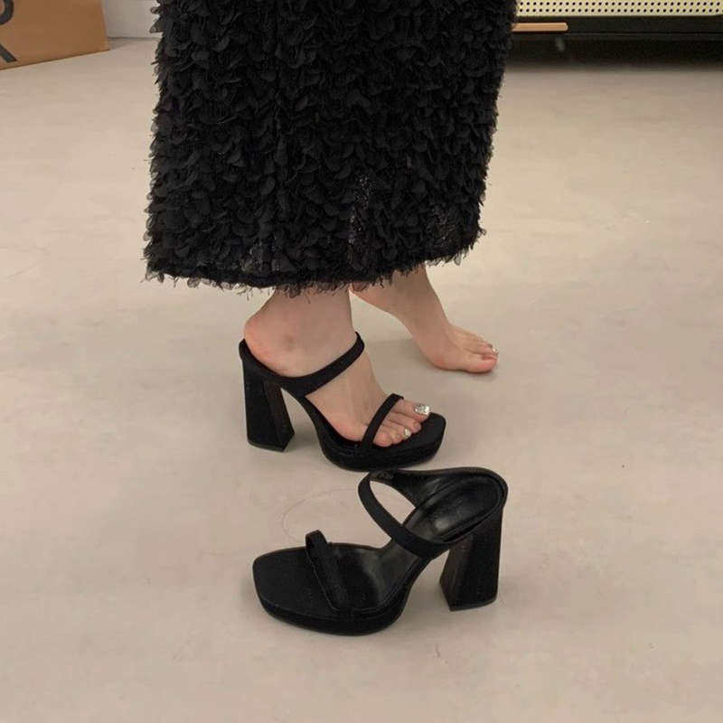 软皮版~防水台粗跟厚底高跟鞋女款法式一字带凉鞋气质绝美凉拖鞋