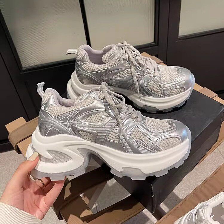 银色厚底老爹鞋女2026春秋新款小个子增高5cm透气网面小众运动鞋