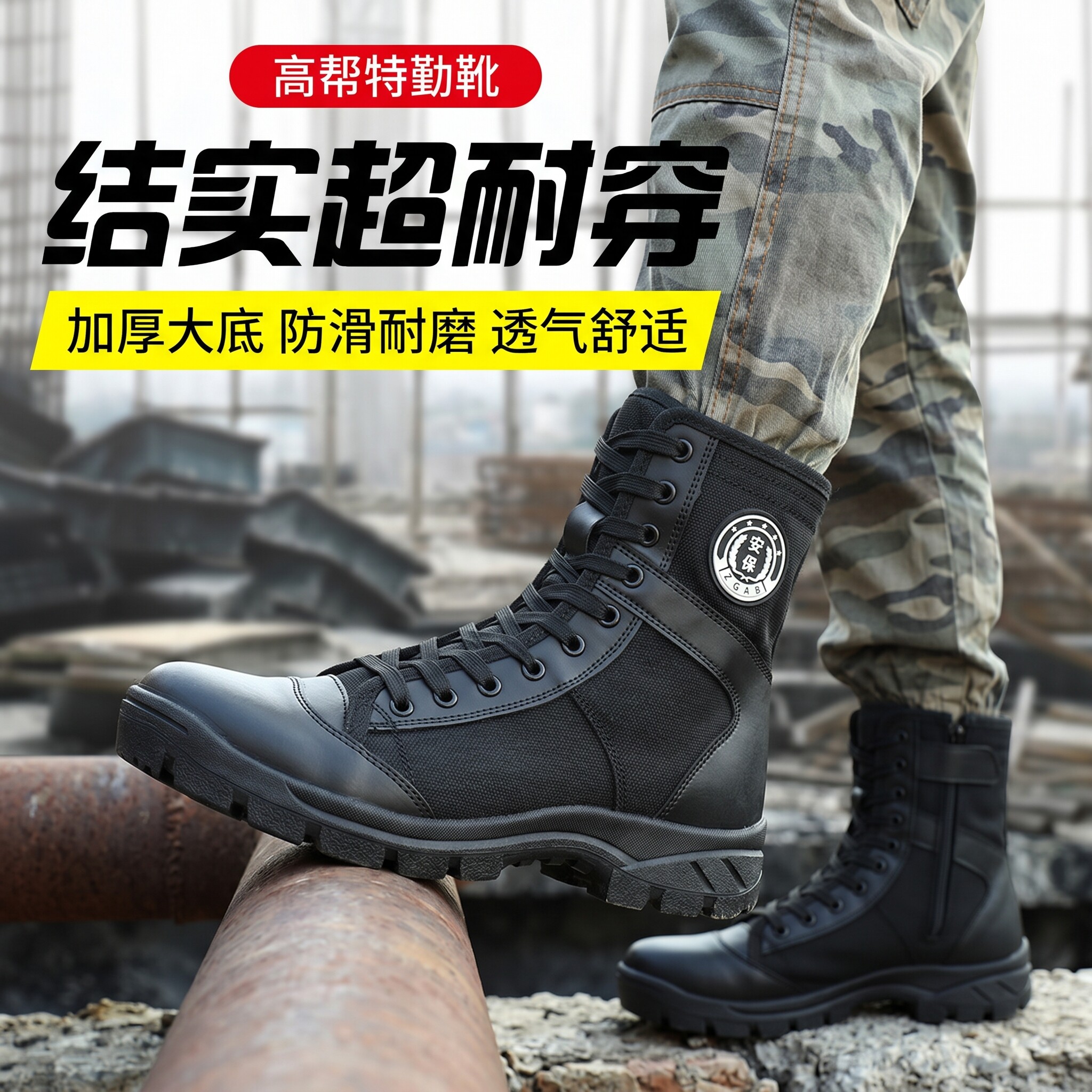 夏季新款保安鞋男安保靴高邦作战靴网眼透气作训消防训练超轻耐磨