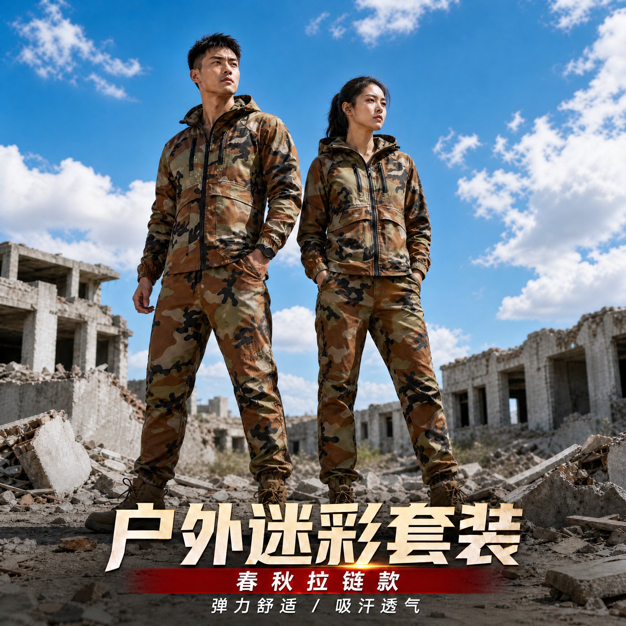 春秋弹力户外套装插肩设计大口袋帽子可拆拉链裤兜迷彩工作服套装