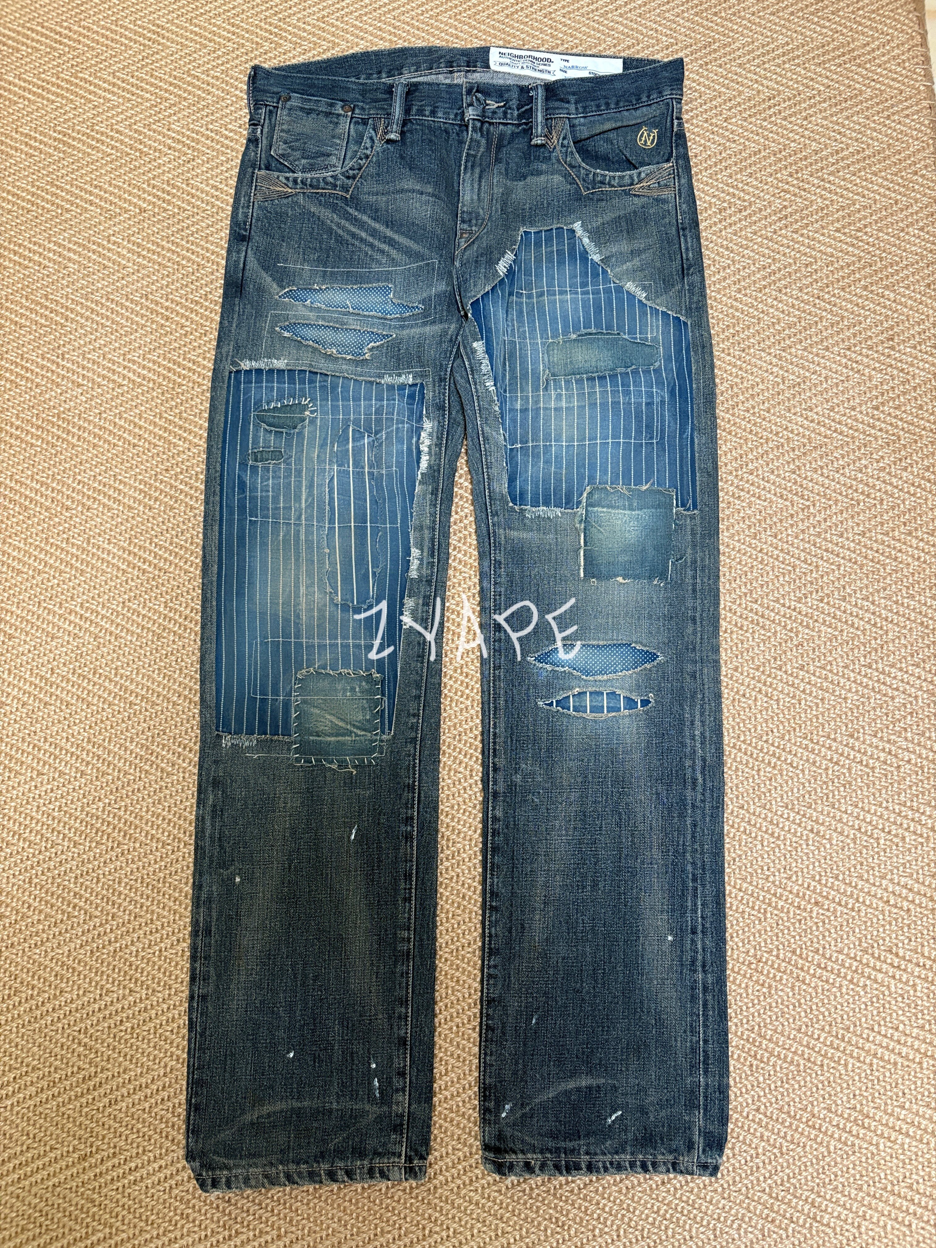 NEIGHBORHOOD 14AW 蓝染古布补丁黄泥矿工牛王NBHD水洗破坏牛仔裤