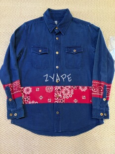 VISVIM BORDER 衬衫 ELK 蓝染腰果花长袖 BLACK ICT 15AW FLANNEL