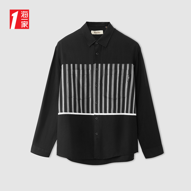 海一家大众休闲长衬2025春季时尚镶拼男士长袖衬衫