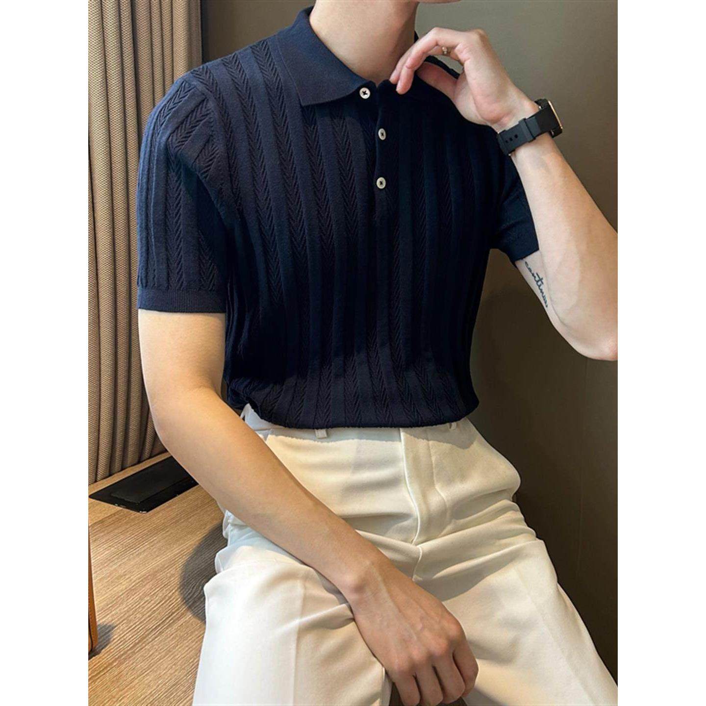 极简风翻领短袖针织衫男修身弹力polo衫夏季薄款透气老钱风T恤衫,男装,Polo衫,淘宝优惠券,粉丝福利购,淘宝优惠卷