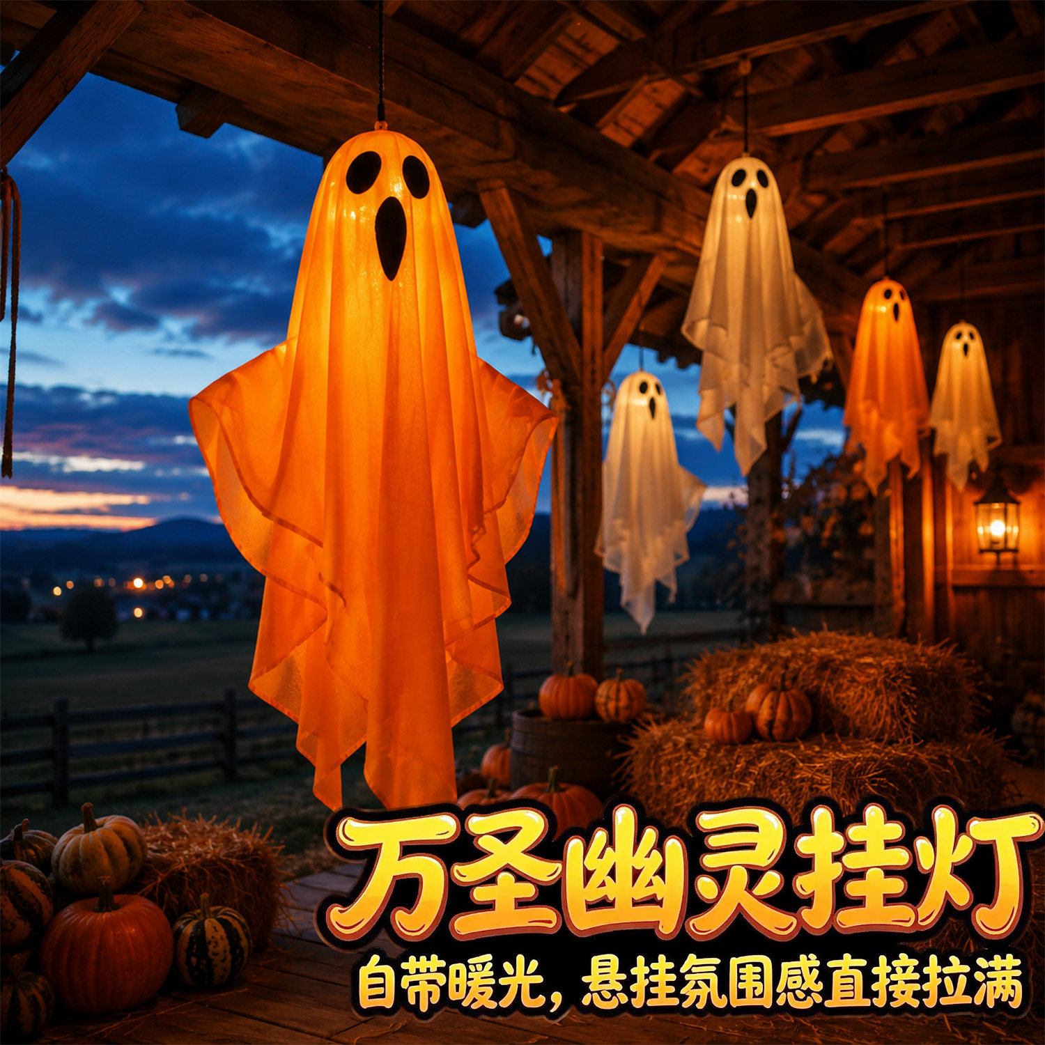 万圣节装饰南瓜幽灵挂灯户外店铺恐怖主题场景拍照气氛围布置道具