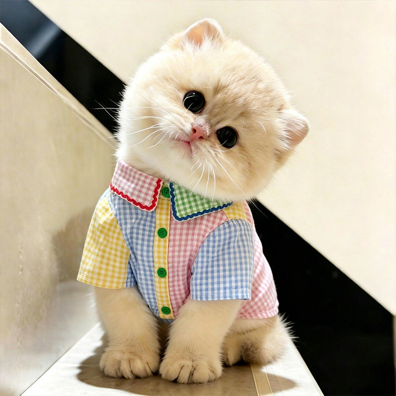 小猫衣服薄款幼猫夏天防掉毛猫咪高颜值金渐层撞色衬衫透气布偶猫图片
