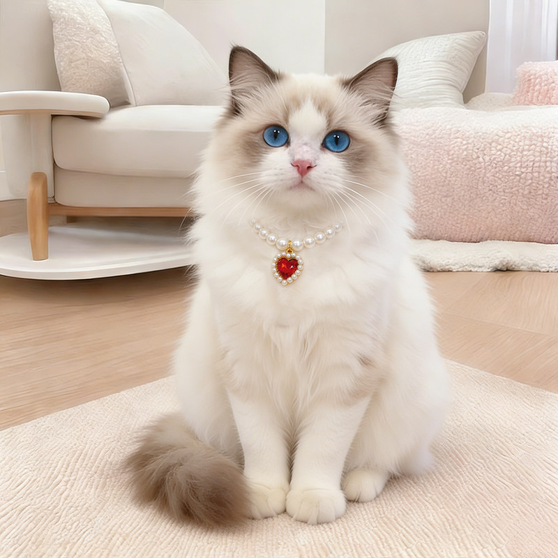 猫咪珍珠吊坠项链德文猫专用爱心红宝石项圈颈圈复古配饰脖圈饰品